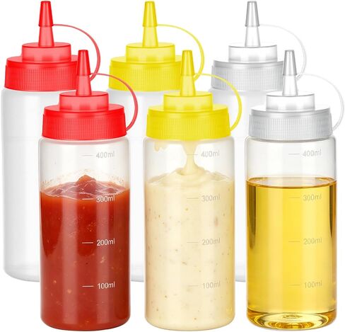 6 Pack Condiment Squeeze Bottles, 8 oz Wide Mouth Squeeze Bottles Set with 3-Color Top Cap Leak Proof, BPA Free Refillable Plastic Squirt Bottles for Sauces, Dressing, Oils, BBQ & Crafts in Kuwait