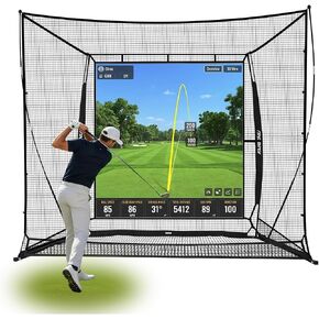 2026 Upgraded Golf Simulator Cage with HD Simulator Screen & Side Barriers, 10 x 8ft Golf Hitting Net with Thickened Heavy Duty Frame for High-Speed Shots, Auto Ball Return Golf Practice Net in Kuwait