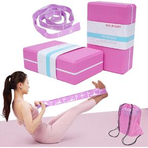 Yoga Blocks 2 Pack with Elastic Stretch Band & Bag – High Density Foam Yoga Blocks for Stability, Deep Stretching & Balance, 12-Loop Resistance Strap for Yoga, Pilates, Dance & Flexibility Training in Saudi Arabia