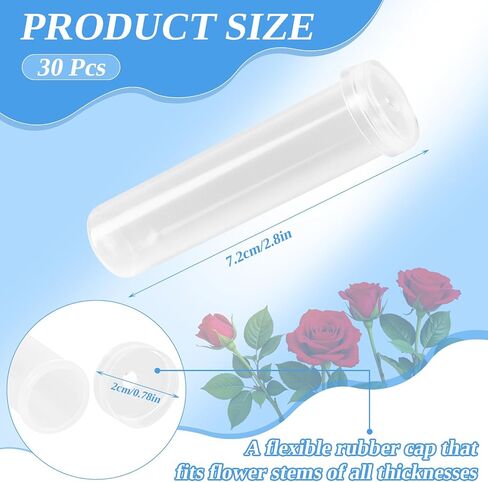 STEFORD 30 Pack Flower Water Tubes with Caps, 2.8 Inch Leak-Proof Plastic Clear Reusable Floral Water Tube for Fresh Flowers Single Stem Rose Arrangement Bouquet Accessories in Kuwait