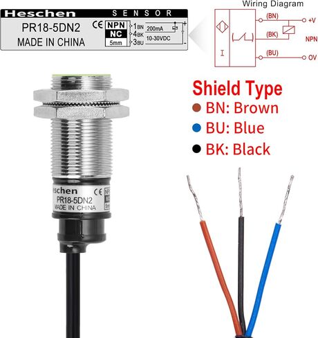 Heschen M18 Inductive Proximity Sensor Switch PR18-5DN2 Cylindrical Type Detector 5mm DC12-24V 3-Wire NPN NC(Normally Closed) CE in Kuwait