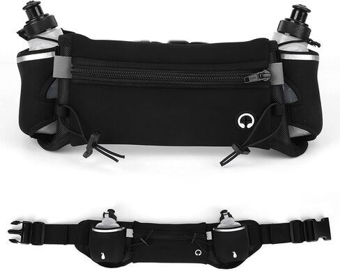 Naroote Running Belt with Water Bottle, Wide Elastic Neoprene Waistband, Anti Slip Sports Belt with 2 Pockets & Headphone Interface, Ideal for Outdoor Sports, Fitness & Jogging (Black) in Kuwait