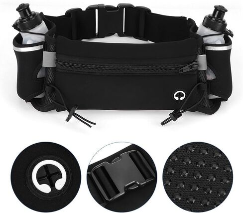 Naroote Running Belt with Water Bottle, Wide Elastic Neoprene Waistband, Anti Slip Sports Belt with 2 Pockets & Headphone Interface, Ideal for Outdoor Sports, Fitness & Jogging (Black) in Kuwait