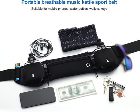 Naroote Running Belt with Water Bottle, Wide Elastic Neoprene Waistband, Anti Slip Sports Belt with 2 Pockets & Headphone Interface, Ideal for Outdoor Sports, Fitness & Jogging (Black) in Kuwait