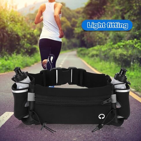 Naroote Running Belt with Water Bottle, Wide Elastic Neoprene Waistband, Anti Slip Sports Belt with 2 Pockets & Headphone Interface, Ideal for Outdoor Sports, Fitness & Jogging (Black) in Kuwait