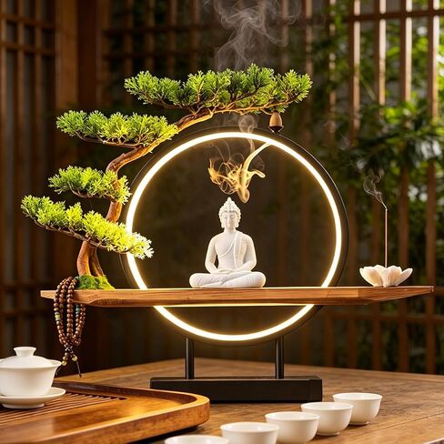 Shakyamuni Buddha Ceramic Statue Indoor Backflow Incense Burner with Led Ring Light，Meditation Decoration for Home and Office, Suitable for Cone and Stick Incense in Kuwait
