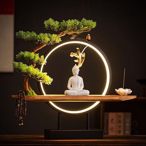 Shakyamuni Buddha Ceramic Statue Indoor Backflow Incense Burner with Led Ring Light，Meditation Decoration for Home and Office, Suitable for Cone and Stick Incense in Kuwait