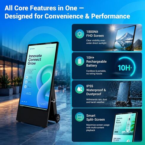 43" Portable Outdoor Digital Signage Display, 1800 Nits High Brightness, FHD Mobile Advertising Display Kiosk, Built-in Battery, Android OS, USB AutoPlay & Copy Mode, WiFi/Ethernet in Kuwait