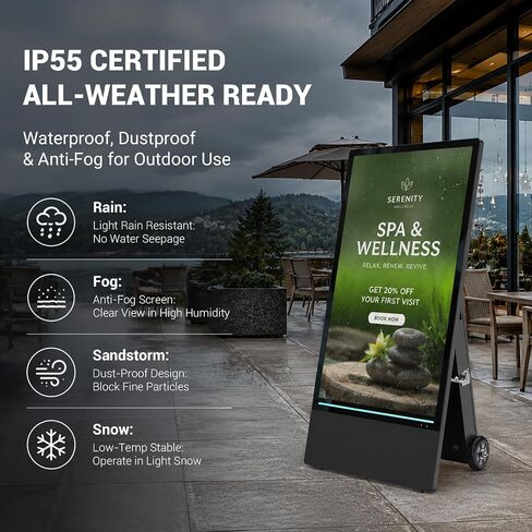 43" Portable Outdoor Digital Signage Display, 1800 Nits High Brightness, FHD Mobile Advertising Display Kiosk, Built-in Battery, Android OS, USB AutoPlay & Copy Mode, WiFi/Ethernet in Kuwait