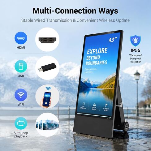 43" Portable Outdoor Digital Signage Display, 1800 Nits High Brightness, FHD Mobile Advertising Display Kiosk, Built-in Battery, Android OS, USB AutoPlay & Copy Mode, WiFi/Ethernet in Kuwait