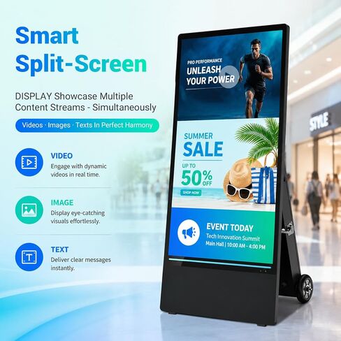 43" Portable Outdoor Digital Signage Display, 1800 Nits High Brightness, FHD Mobile Advertising Display Kiosk, Built-in Battery, Android OS, USB AutoPlay & Copy Mode, WiFi/Ethernet in Kuwait