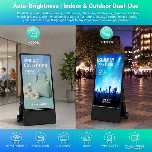 43" Portable Outdoor Digital Signage Display, 1800 Nits High Brightness, FHD Mobile Advertising Display Kiosk, Built-in Battery, Android OS, USB AutoPlay & Copy Mode, WiFi/Ethernet in Kuwait