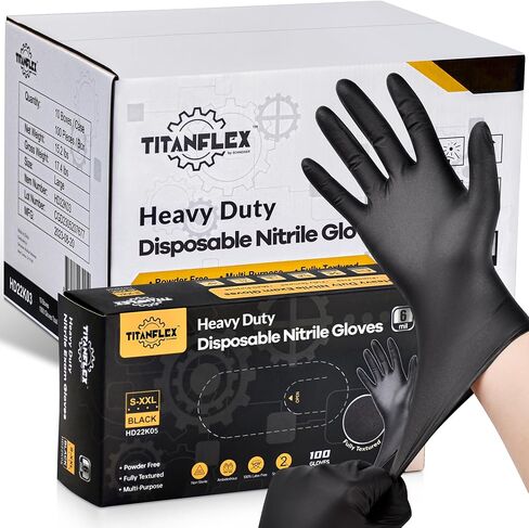 TitanFlex Heavy Duty Black Nitrile Gloves, 6 Mil, Fully Textured, Mechanic Disposable Gloves, Latex Free, Powder Free in Kuwait