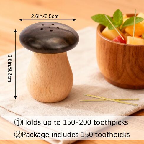JINGIHE Cute Mushroom Toothpick Holder with 150 Toothpicks, Wooden Tooth Picks Dispenser Container for Home Kitchen Restaurant Decorative, Unique Gift for Christmas Thanksgiving Birthday in Kuwait