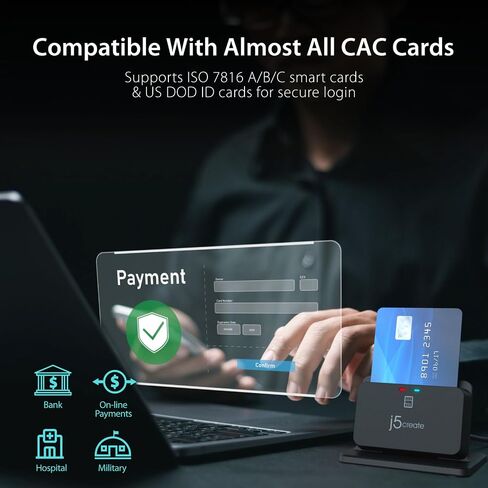 حامل قارئ البطاقة الذكية/CAC العالمي j5create، متوافق مع TAA، مثالي للمؤسسات والبنوك والحكومة. متوافق مع أنظمة التشغيل Win وMac وLinux (JUR261) in Kuwait