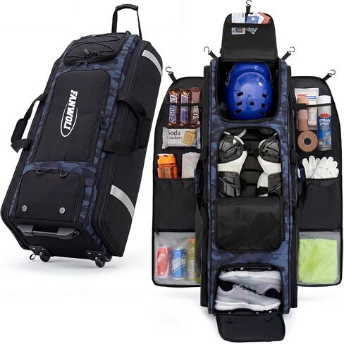 Fanwoli 100L Rolling Catchers Gear Bag - Large Baseball & Softball Duffle with 5 Fence Hooks, Locker-Style Organizer, Holds 8 Bats, Vented Shoe Zone in Kuwait