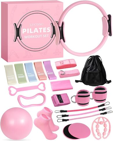 lucdnc Pilates Kit for Home,24 pcs Workouts Sets for Women 14"Pilates Circles 8" Yoga Ball, Resistance Band for Ankle,Back,Legs,Glutes,Pilates Equipment Ideal for Home Gym & Travel Fitness Essentials in Kuwait
