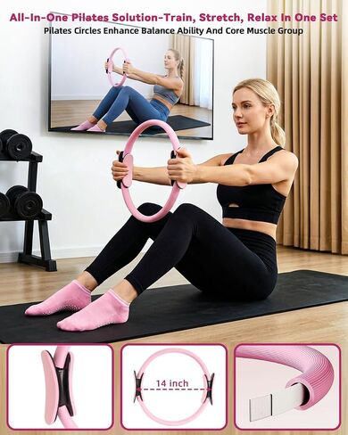 lucdnc Pilates Kit for Home,24 pcs Workouts Sets for Women 14"Pilates Circles 8" Yoga Ball, Resistance Band for Ankle,Back,Legs,Glutes,Pilates Equipment Ideal for Home Gym & Travel Fitness Essentials in Kuwait