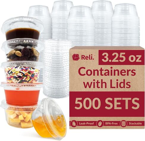 Reli. 3.25 oz Condiment Containers with Lids (500 sets) | Ideal for Sauce, Souffle, Samples, Jello Shot Cups | Disposable, BPA-Free Plastic | Small Containers 3.25oz, Bulk in Kuwait