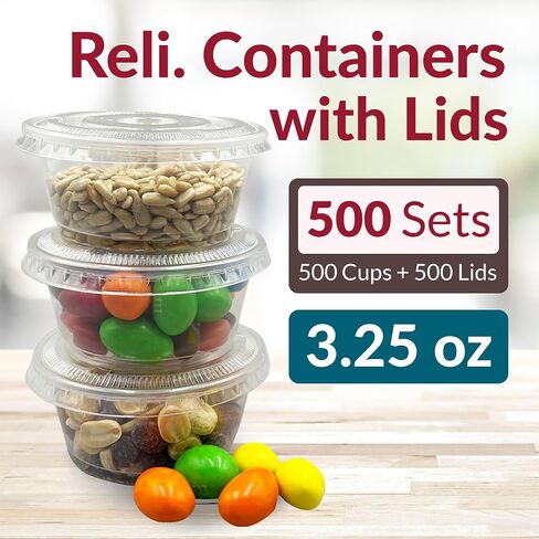 Reli. 3.25 oz Condiment Containers with Lids (500 sets) | Ideal for Sauce, Souffle, Samples, Jello Shot Cups | Disposable, BPA-Free Plastic | Small Containers 3.25oz, Bulk in Kuwait