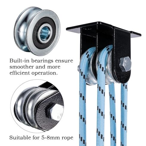 3 Pack Black Pulley Block,1 Pcs Single Pulley & 2 Pcs Double Pulleys with 65Ft Nylon Rope, Wall Mount Cable Pulley System for Lifting System Gym Equipment in Kuwait