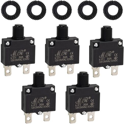 BlueStars 5 Packs 30Amp Thermal Circuit Breaker 125/250V AC 32V DC - Overload Protector with Push Button Manual Reset - Compatible with Automotive, Industrial, Marine and More in Kuwait