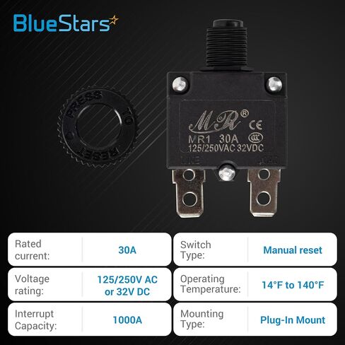 BlueStars 5 Packs 30Amp Thermal Circuit Breaker 125/250V AC 32V DC - Overload Protector with Push Button Manual Reset - Compatible with Automotive, Industrial, Marine and More in Kuwait