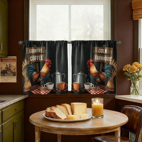Rooster Kitchen Curtains, Farmhouse Rustic Coffee Sign Fall Black Window Valance Window Decoration for Dining Room Breakfast Nook Sink Area 18x52 Inch in Kuwait