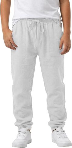 Boys Linen Pants Kids Baggy Summer Straight Leg School Yoga Pants Loose Elastic Waist Casual Trousers with Pockets in Kuwait