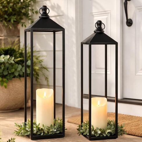 22'' 19'' Large Lanterns Decorative Outdoor Indoor, Set of 2 Black Metal Candle Lanterns with Flameless Candles Modern Farmhouse Floor Lanterns Decorative for Home Decor, Mantle, Patio, Porch, Garden in Saudi Arabia