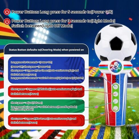 2026 World Soccer Cup Fan Cheer Microphone Toy, with 3 Cheer Sounds, Stadium Gameplays with Megaphone Echo, Recordable Sounds, 60 Flag Stickers for Kids in Kuwait