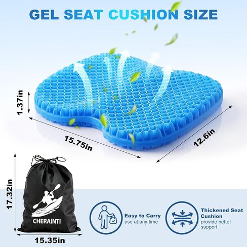 CHERAINTI Kayak Seat Cushion, 15.75 Inch Thicken Gel Seat Cushion, Waterproof Non-Slip Gel Cushions for Pressure Relief with Storage Bag and 2 Cloth Covers for Canoe Boat Kayak Fishing in Kuwait