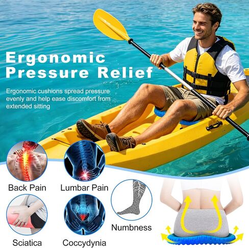 CHERAINTI Kayak Seat Cushion, 15.75 Inch Thicken Gel Seat Cushion, Waterproof Non-Slip Gel Cushions for Pressure Relief with Storage Bag and 2 Cloth Covers for Canoe Boat Kayak Fishing in Kuwait