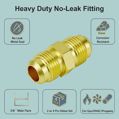 3/8 بوصة ذكر Flare Union 4 قطع، موصل مضيئة 45 درجة SAE، وصلة تركيب أنبوب نحاسي للغاز والبروبان وأنابيب التدفئة والتهوية وتكييف الهواء والنحاس، محول توهج عالي التحمل مانع للتسرب (محول 4 عبوات) in Kuwait