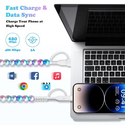 كابل شحن لهاتف iPhone 14 بطول 3.3FT [معتمد من MFi] سلك شحن USB A Star مطرز شاحن سريع سلك شاحن خرز لطيف للفتيات والنساء لهاتف iPhone 14/13/12/11 كابل مطرز رائع in Kuwait
