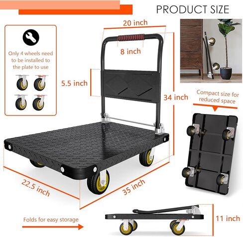 Platform Truck, Foldable Flatbed Cart Heavy Duty Push Cart Dolly Large Platform w/ 5'' Swivel Wheels 2000LBS Capacity Moving Hand Dolly for Groceries, Garage, Warehouse (35'' L x 22.5'' W) in Kuwait