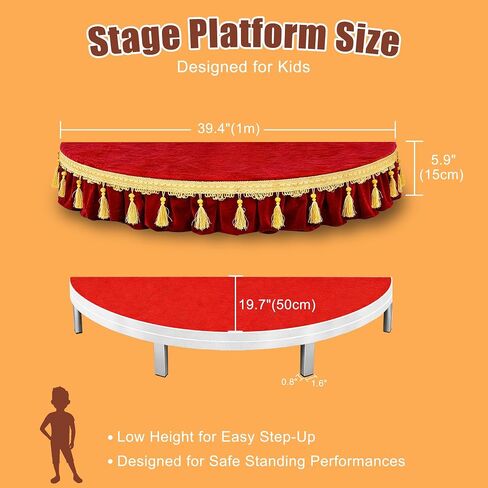 Velvet Kids Stage Platform with Gold Tassel, Half Round Portable Mini Stage, Removable and Washable Cover, Red, 6" High x 39.4" Diameter in Saudi Arabia