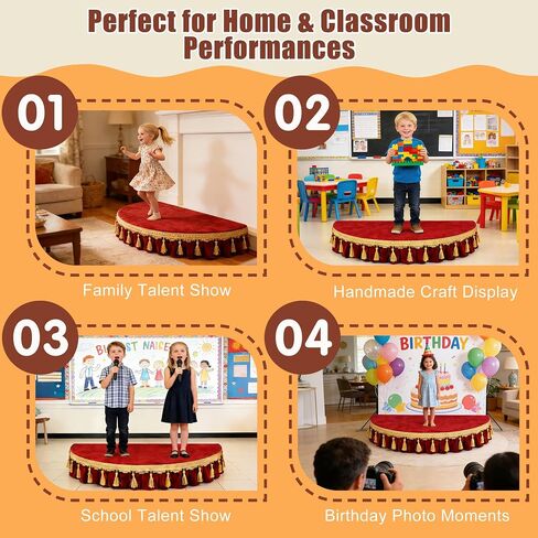 Velvet Kids Stage Platform with Gold Tassel, Half Round Portable Mini Stage, Removable and Washable Cover, Red, 6" High x 39.4" Diameter in Saudi Arabia