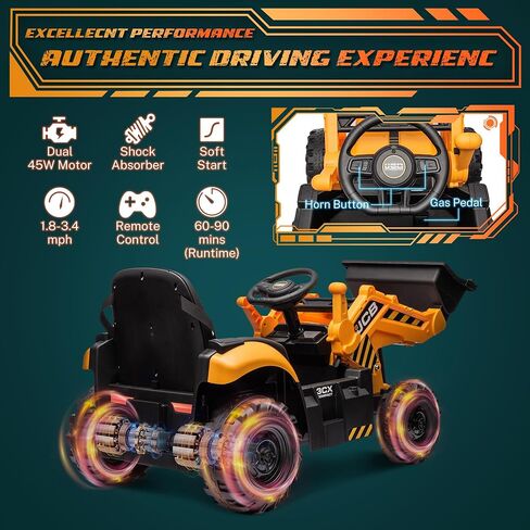 سيارة لعبة لودر حفار كهربائي 12 فولت من JCB للأطفال، تعمل بالبطارية على ألعاب مركبات البناء مع محمل أمامي وحفارة، جهاز تحكم عن بعد، أجزاء متحركة، مقعد قابل للتعديل، بداية ناعمة in Kuwait