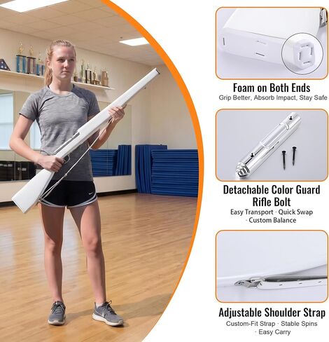 36" Color Guard Rifle, Wooden Drill Rifle with Glossy Finish, White Leather Strap, Foam Padded Ends, 1.5-2 lbs Balanced Practice for Marching Band, Winter Guard, Includes 2 Rolls of Tape in Kuwait
