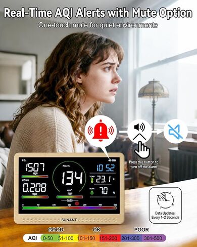 16-in-1 Air Quality Monitor Indoor, 7' Smart Large Display 9 AQI+7 Alarm Alerts, Real Time CO2, Formaldehyde, TVOC, PM2.5, PM10, Temperature & Humidity Portable Battery Powered Tester for Home, Office in Kuwait