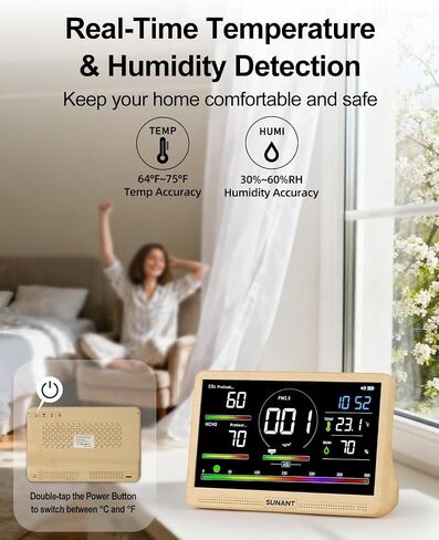 16-in-1 Air Quality Monitor Indoor, 7' Smart Large Display 9 AQI+7 Alarm Alerts, Real Time CO2, Formaldehyde, TVOC, PM2.5, PM10, Temperature & Humidity Portable Battery Powered Tester for Home, Office in Kuwait
