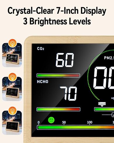 16-in-1 Air Quality Monitor Indoor, 7' Smart Large Display 9 AQI+7 Alarm Alerts, Real Time CO2, Formaldehyde, TVOC, PM2.5, PM10, Temperature & Humidity Portable Battery Powered Tester for Home, Office in Kuwait