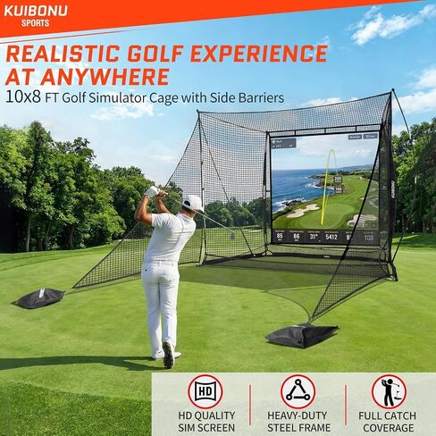 2026 Upgraded Golf Simulator Cage with HD Simulator Screen & Side Barriers, 10 x 8ft Golf Hitting Net with Thickened Heavy Duty Frame for High-Speed Shots, Auto Ball Return Golf Practice Net in Kuwait