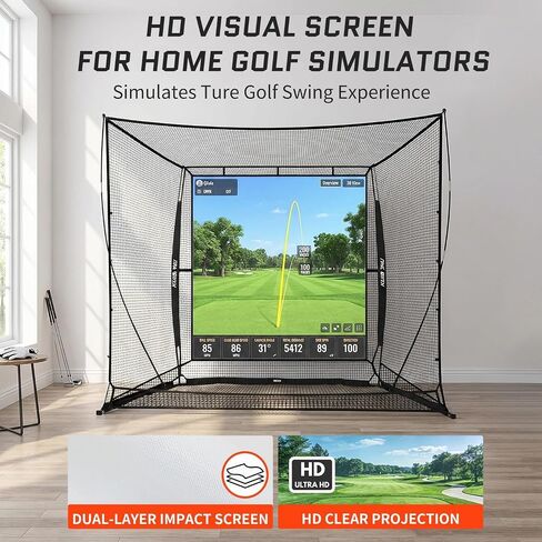 2026 Upgraded Golf Simulator Cage with HD Simulator Screen & Side Barriers, 10 x 8ft Golf Hitting Net with Thickened Heavy Duty Frame for High-Speed Shots, Auto Ball Return Golf Practice Net in Kuwait