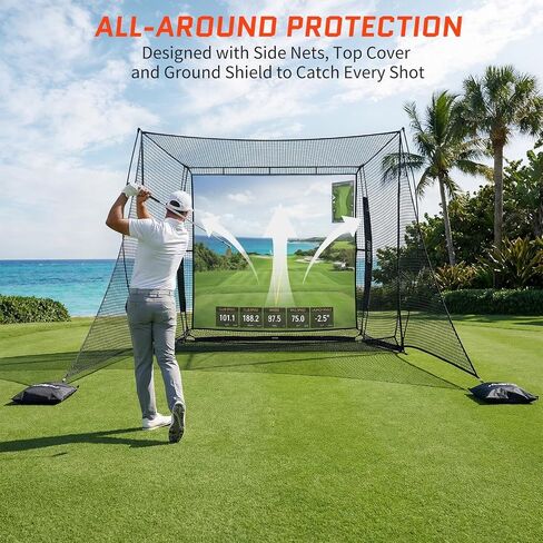 2026 Upgraded Golf Simulator Cage with HD Simulator Screen & Side Barriers, 10 x 8ft Golf Hitting Net with Thickened Heavy Duty Frame for High-Speed Shots, Auto Ball Return Golf Practice Net in Kuwait