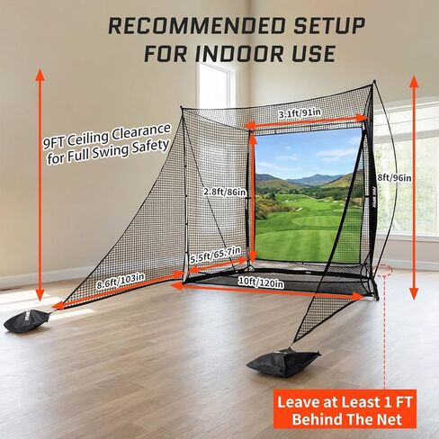 2026 Upgraded Golf Simulator Cage with HD Simulator Screen & Side Barriers, 10 x 8ft Golf Hitting Net with Thickened Heavy Duty Frame for High-Speed Shots, Auto Ball Return Golf Practice Net in Kuwait