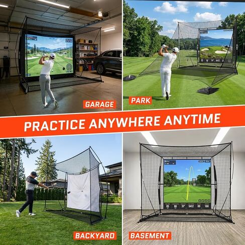 2026 Upgraded Golf Simulator Cage with HD Simulator Screen & Side Barriers, 10 x 8ft Golf Hitting Net with Thickened Heavy Duty Frame for High-Speed Shots, Auto Ball Return Golf Practice Net in Kuwait