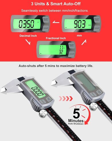 GODESON 6" Digital Caliper, USB-C Rechargeable Electronic Caliper, 0–150mm Stainless Steel, 0.02mm Accuracy, Backlit LCD, TouchButton,Inch/MM/Fraction, Measuring Tool for Woodworking, DIY in Kuwait
