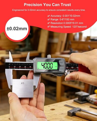 GODESON 6" Digital Caliper, USB-C Rechargeable Electronic Caliper, 0–150mm Stainless Steel, 0.02mm Accuracy, Backlit LCD, TouchButton,Inch/MM/Fraction, Measuring Tool for Woodworking, DIY in Kuwait